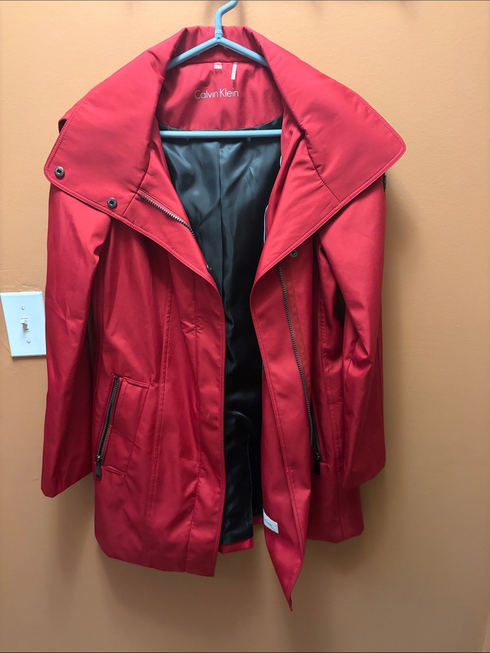 Calvin Klein Vibrant Red Trench Coat with Wide Collar